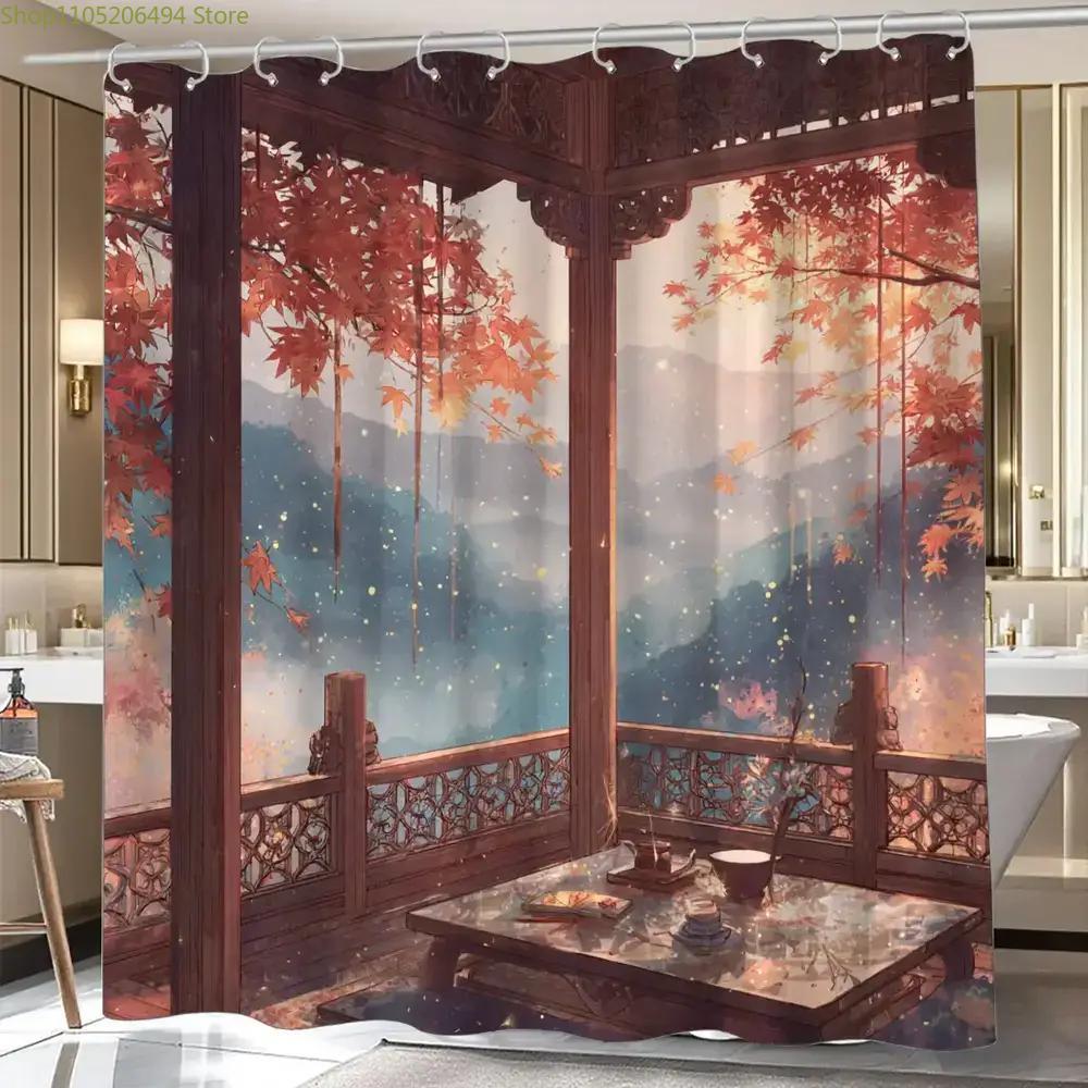 Home Bathroom Design Ideas - Rideau de douche Pavillon d'automne chinois,
