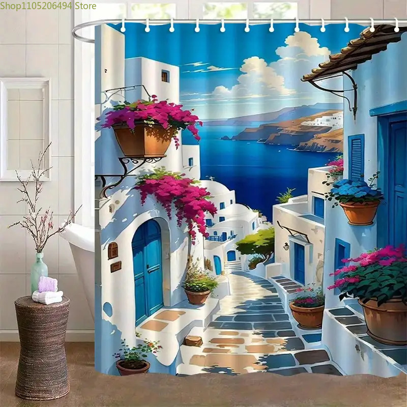 Home Bathroom Design Ideas - Rideau de douche Santorin, île grecque,