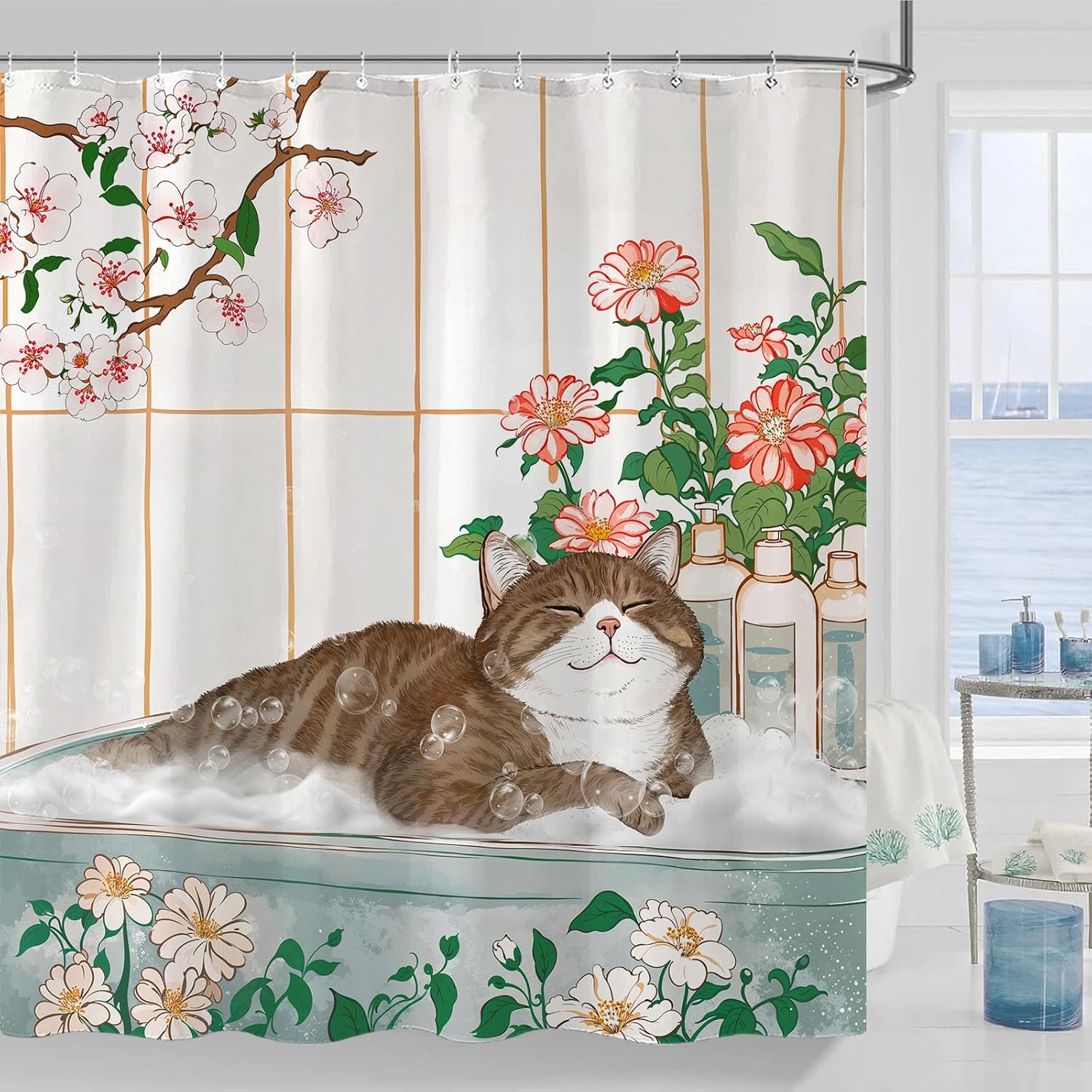 Home Bathroom Spa Ideas - Rideau de Douche Esthétique Chat Floral