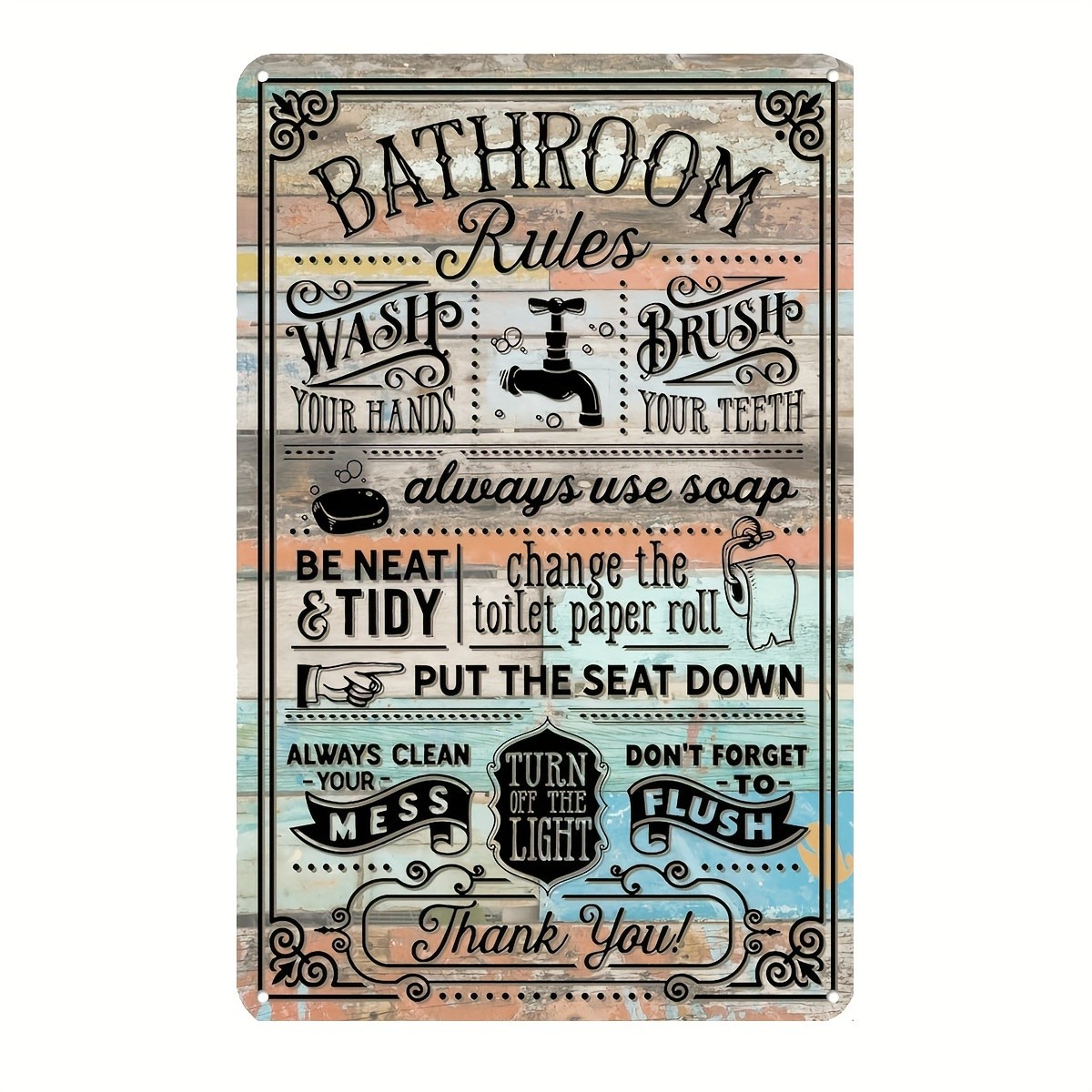 Home Bathroom Rules - Panneaux métalliques vintage avec règles de